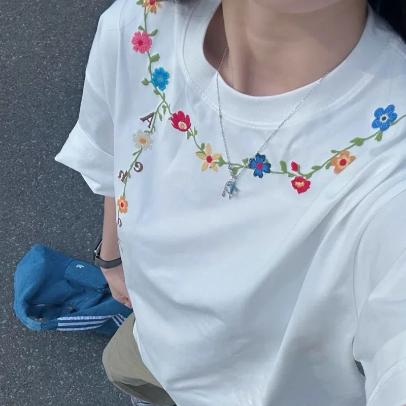 

Embroidery Preppy Style Youth Korean Loose Tops Women Clothing New Summer Short Sleeve Floral Fashion T Shirts Harajuku Casual