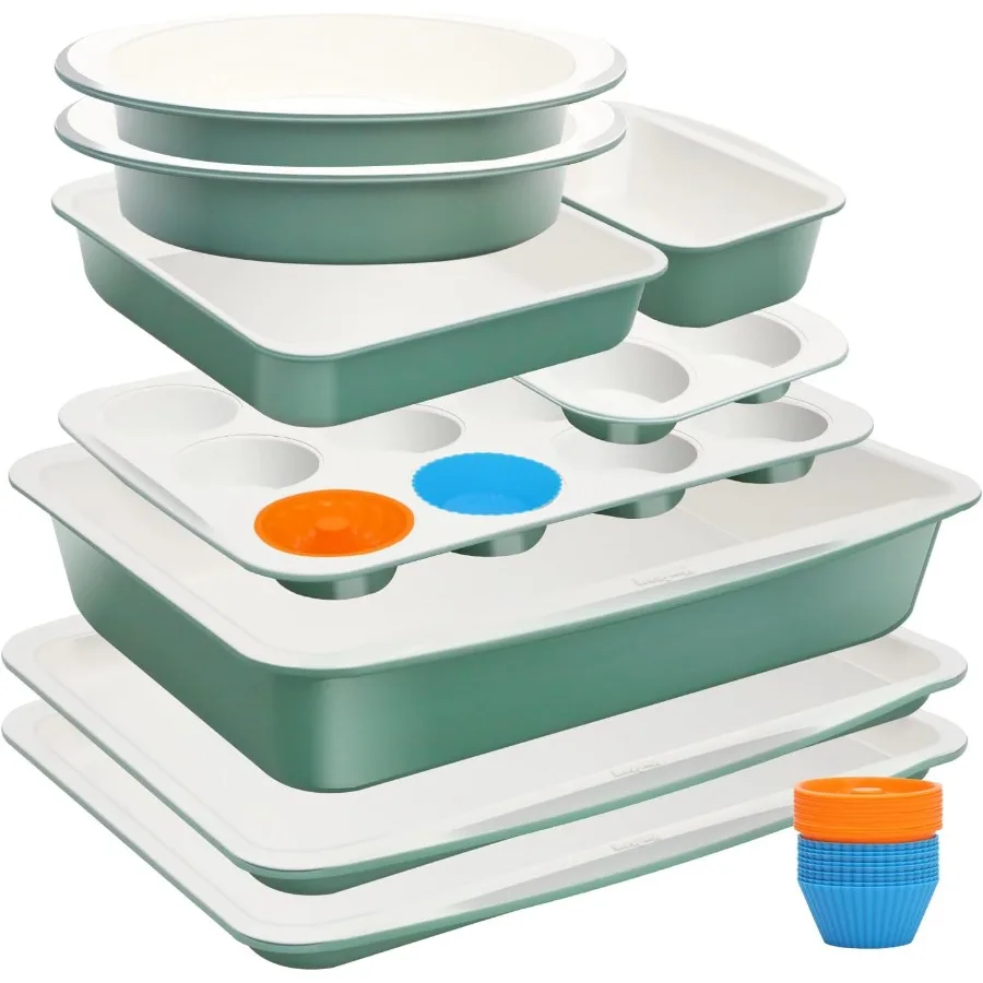 

Ceramic Nonstick Baking Pans Set Non Toxic 33 PCS Stackable Bakeware Sets 550°F Oven Safe Baking Sheet and Pans WarpFree Dishwa