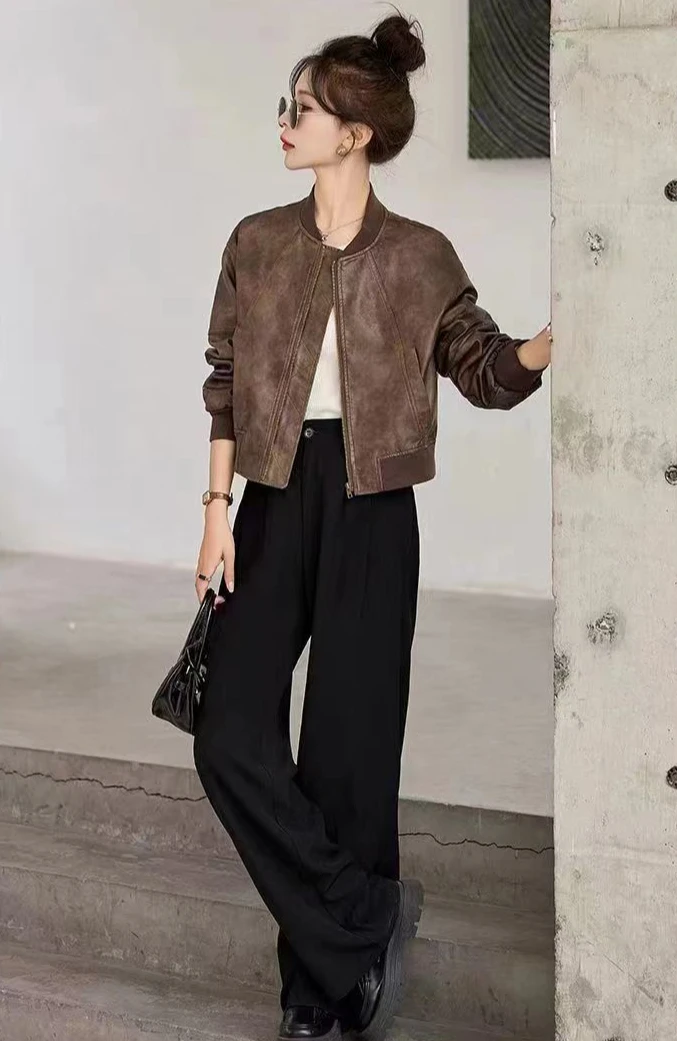 Hot Short Bomber Jacket for Women Spring Autumn Brown PU Leather Baseball Aviator Coat Woman Harajuku Pretty Luxury High Quality