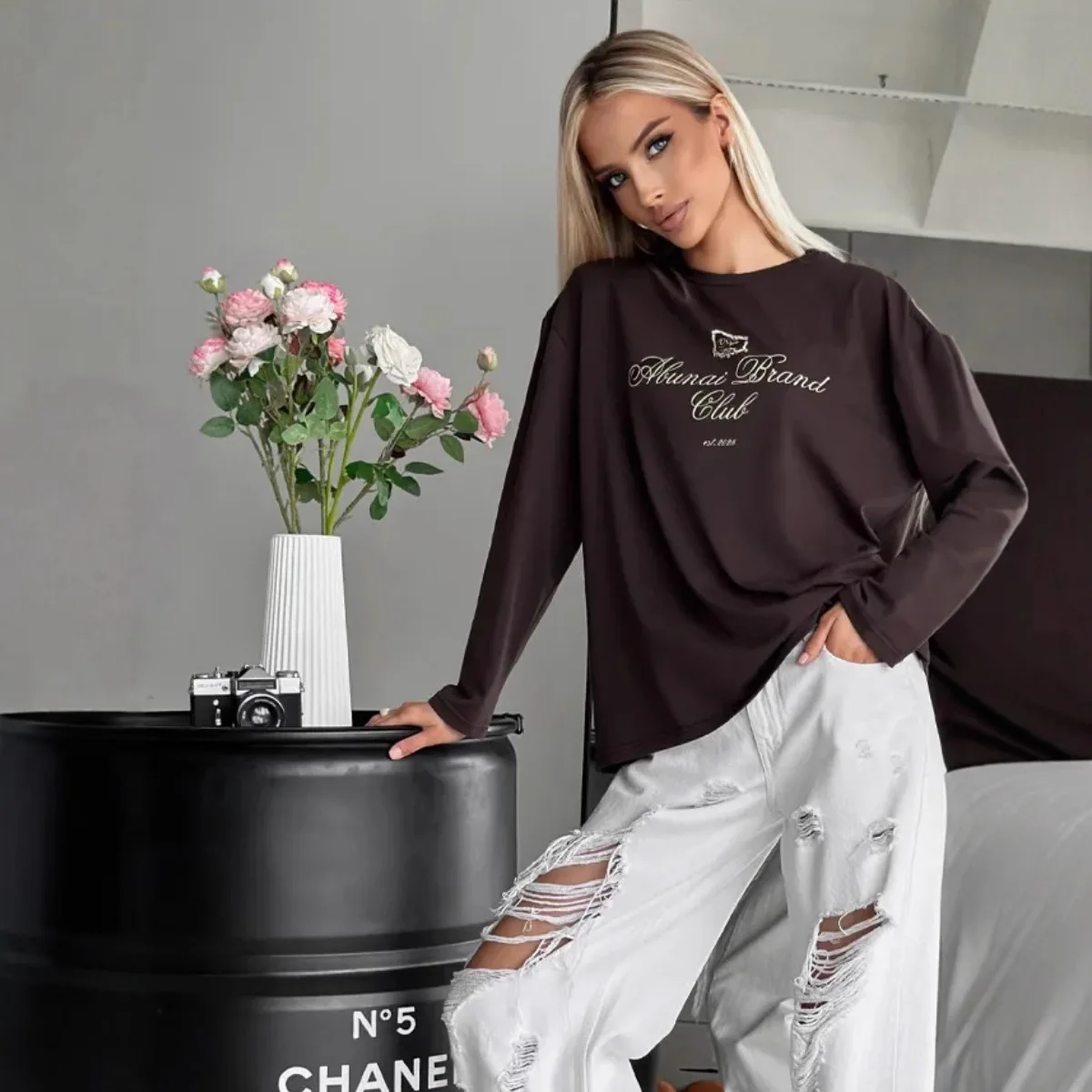 Women's Autumn and Spring 100% Pure Cotton Fashionable Casual Heart-shaped Printed Round Neck Long Sleeved T-shirt Top