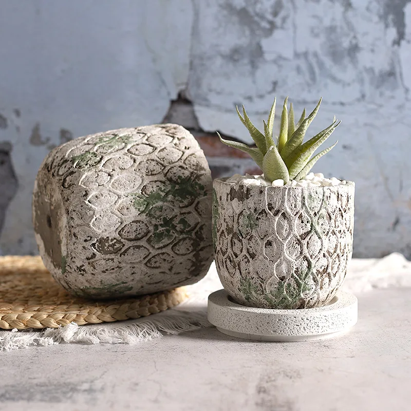 Retro grid craft cement flower pot moss stone pattern color gardening ornament flower pot succulent planting pot wholesale spot