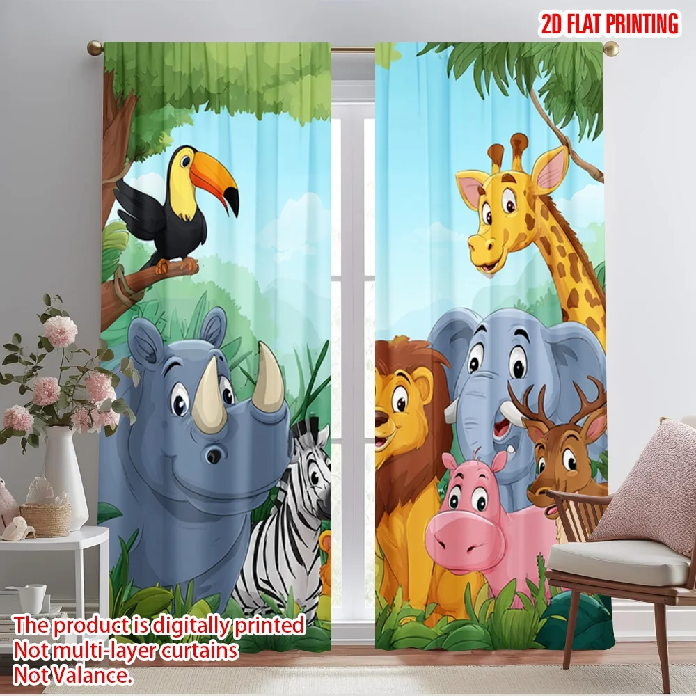 2pcs 2D flat printing Party Curtain Cute Cartoon Safari Animals Polyester Without Electricity Festive Holiday Perfect for Home