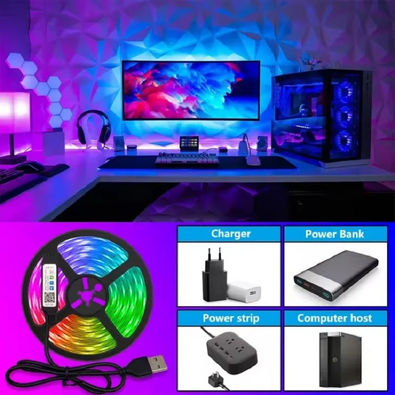 5V USB ไฟ LED Strip พร้อมรีโมท APP Control RGB 5050 LED เทปยืดหยุ่นริบบิ้นไดโอดเทปสําหรับ TV Backlight ตกแต่งห้อง