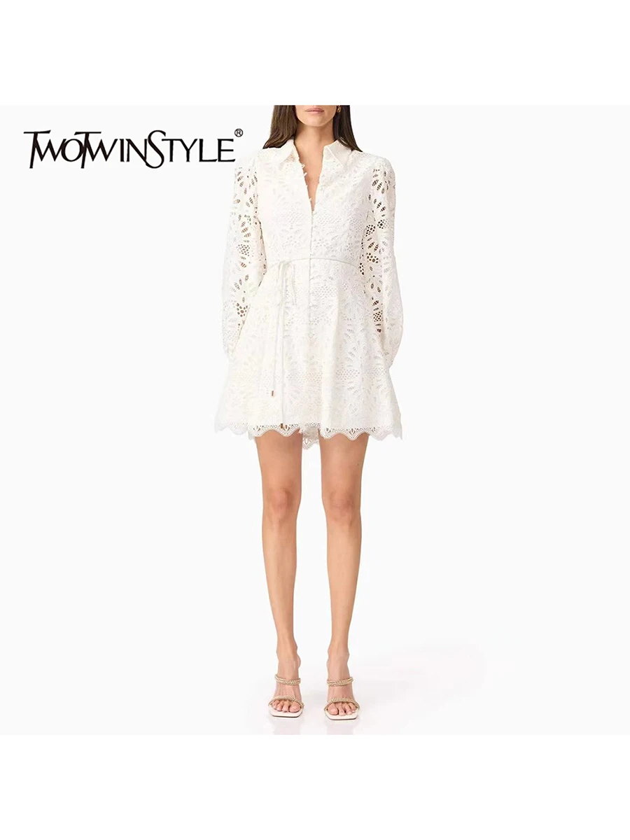 

TWOTWINSTYLE Hollow Out Spliced Lace Up Fashion Dresses for Women Lapel Long Sleeves Patchwork Single Breasted Dress Female New