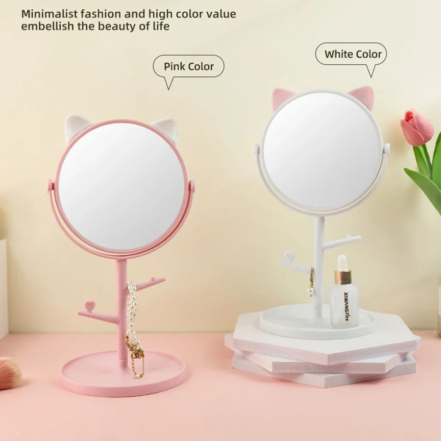 Cute Cat Ear Makeup Mirror With Jewelry Rack Holder 360° Rotation Table Countertop Base Use for Bathroom Desk Cosmetic Mirrors