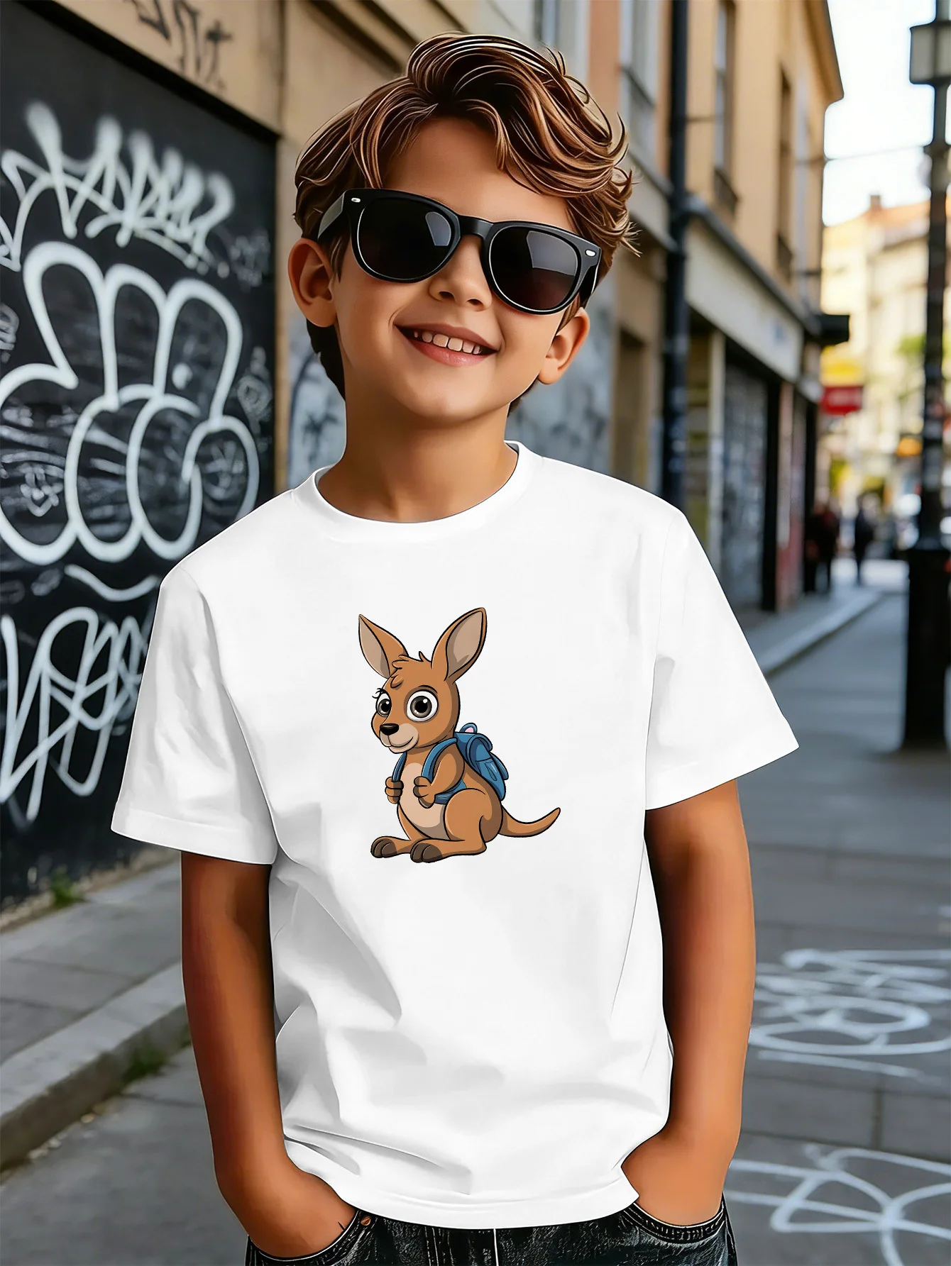 Cute Backpack Kangaroo Cartoon Print Kids T Shirt Boys Girls Short Sleeve Cotton Family Matching Toddler Daily Casual Tops