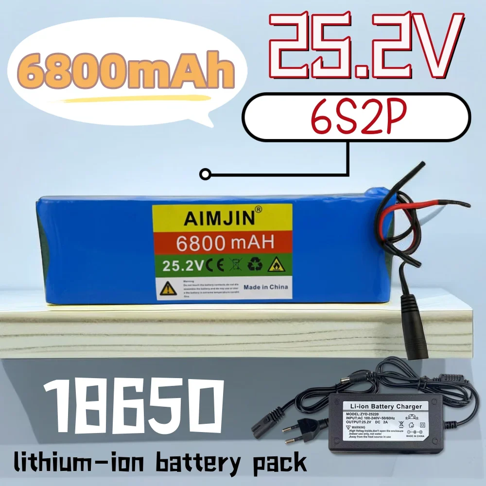 6S2P 25.2V 6800mAh 18650 Lithium ion Rechargeable Battery Pack with BMS, Suitable for Electric Bicycle Moped Battery