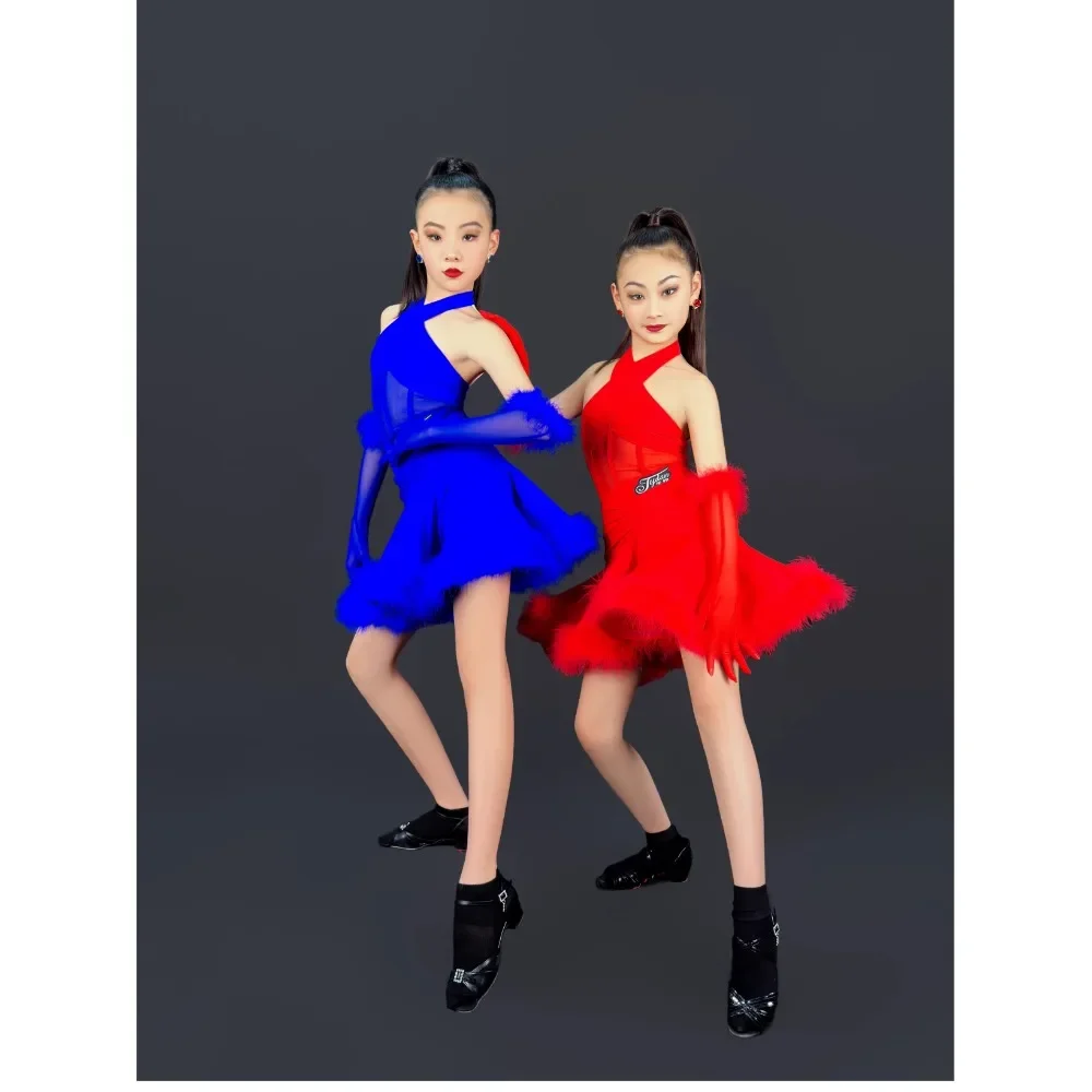 

New Latin rumba, cha-cha, samba girls' professional competition uniform, group performance uniform, ostrich fur skirt hem