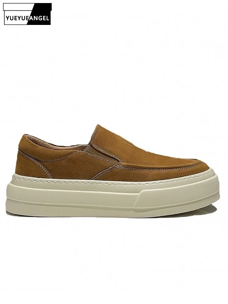 

Mens Casual Thick Platform Slip On Loafers Comfortable Skateboard Shoes Footwear Round Toe Low Cut Cowhide Genuine Leather Shoes