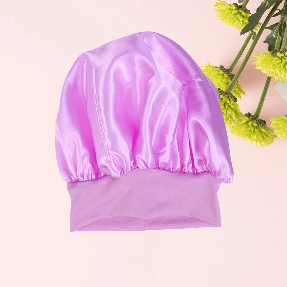 

High Elastic Satin Sleeping Cap Wide Side Hair Protection Bonnet Big Size For Women Purple Durable Machine Washable