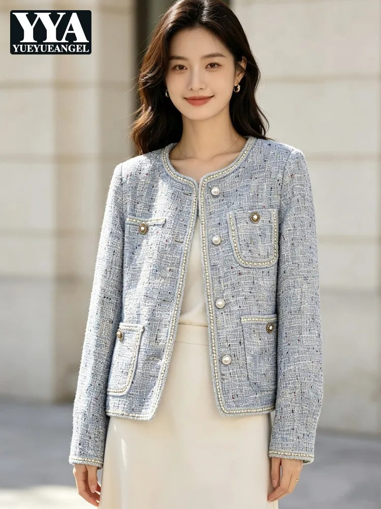 Elegant Women Autumn New Tweed Jacket Pearls Single Breasted O Neck Twill Coat Office Work Casual Outwear Jacket Multi Pockets