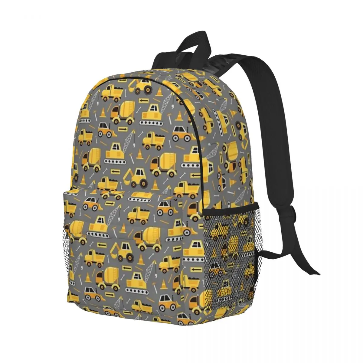 Construction Trucks On Gray New Fashionable Pattern School Bag Print Lightweight Backpack 15inch