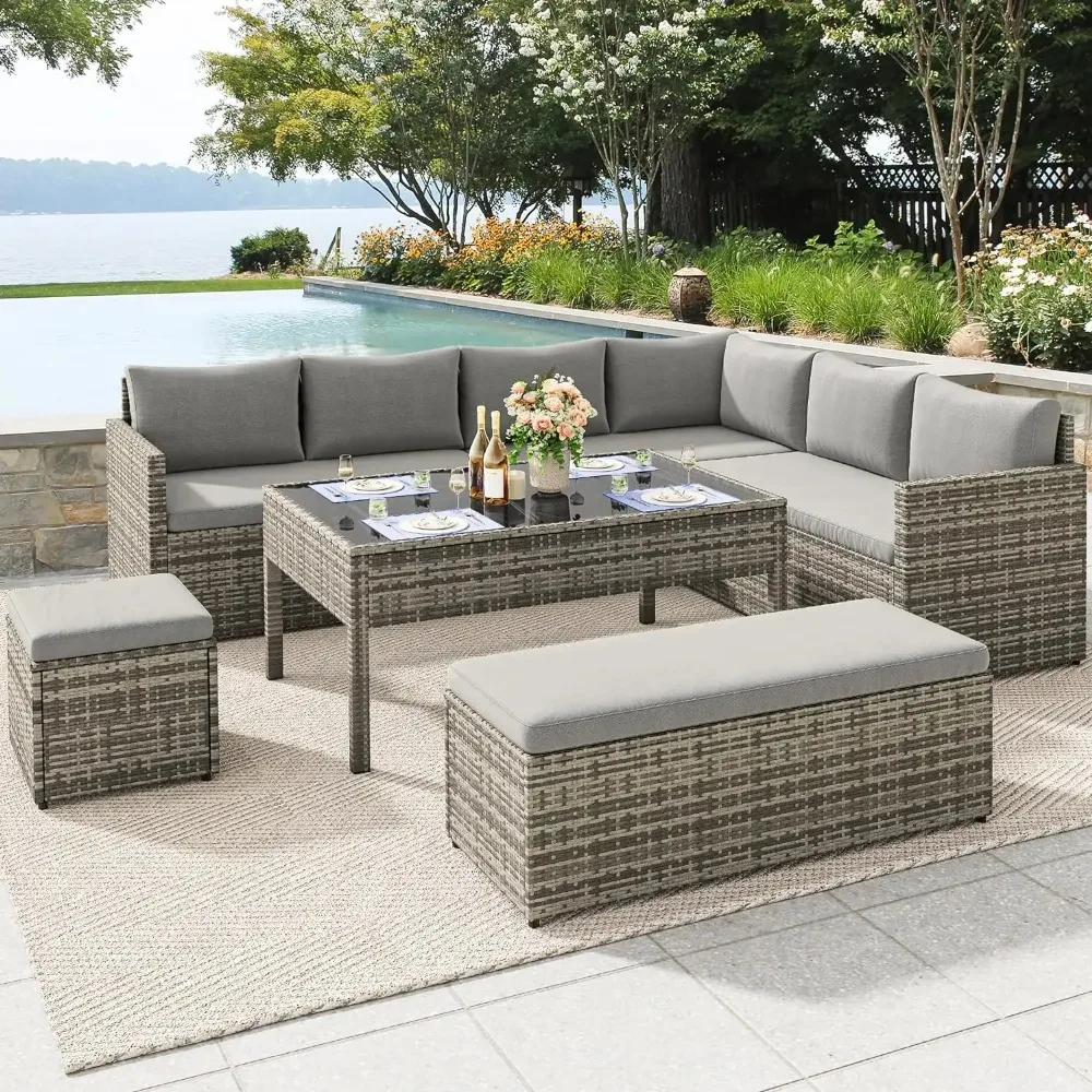 9 Pieces Patio Furniture Set, All Weather Wicker Outdoor Sectional Sofa Conversation Set with Dining Table and Ottoman, Gray