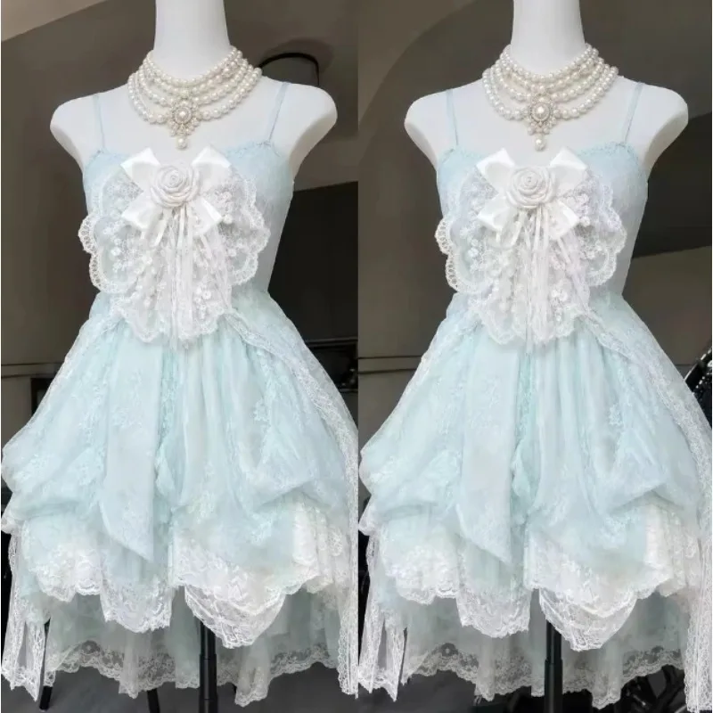 2026 French Vintage Sling Bandage Sweet Lace Bow Lolita Dress Y2k Harajuku Ruffle Mini Summer Office Beach Casual Wear Fashion
