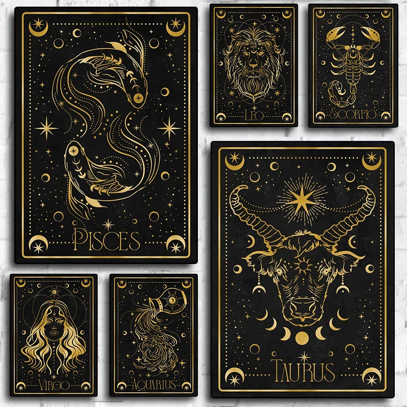 Golden Twelve Constellations Sagittarius Cancer Leo Aries Divination Art Poster Canvas Paintings Wall Art Pictures Home Decor