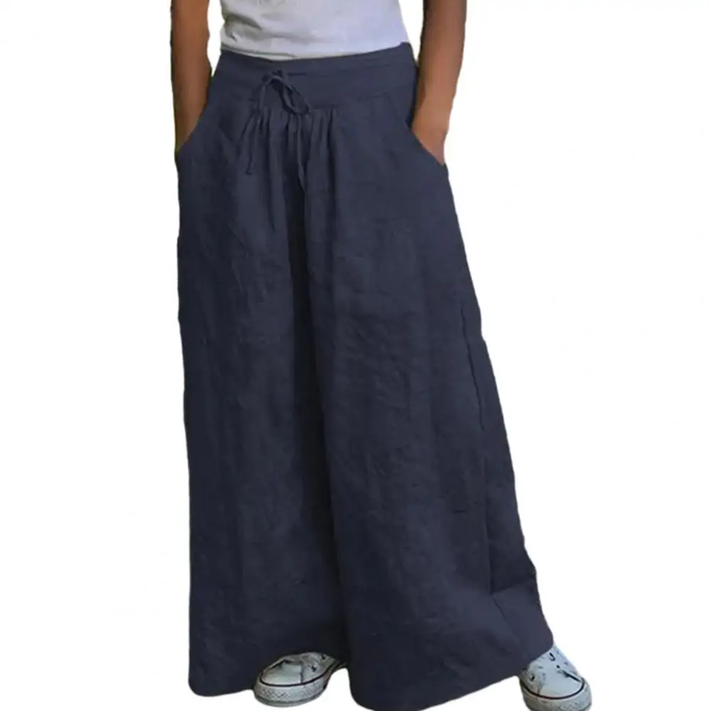 

Women Pants Wide Leg Loose High Waist Drawstring Pockets Yoga Long Trousers Culottes roupas feminina