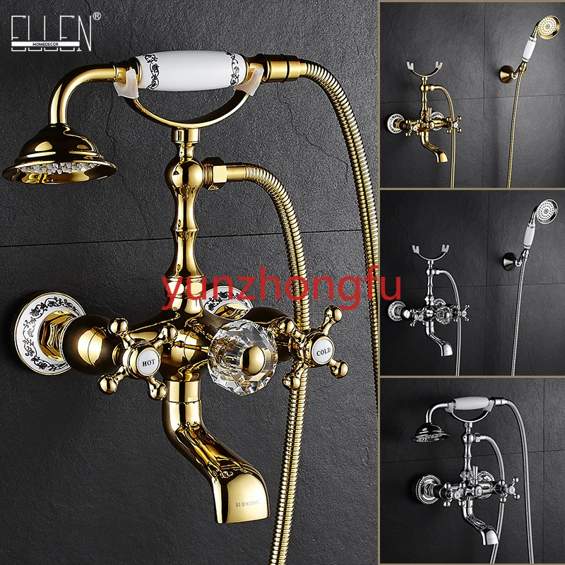 Telephone Type Bath Faucets Sets Mixer Tap Wall MountedEL8310GLuxury Crystal Handle Bathtub Gold Brass Faucet with Hand Shower