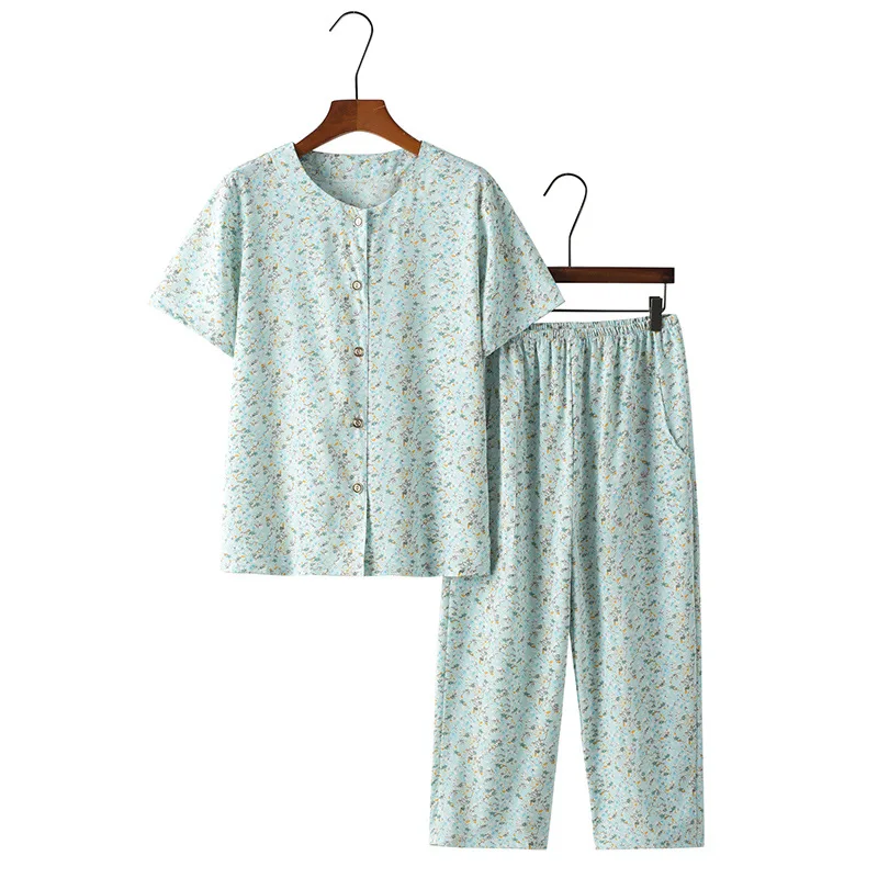 Middle Aged Mother Summer Short Sleeve Suit Floral Two-piece Cardigan Pajama Sets Plus size Homewear Outside Wear Pyjama Femme