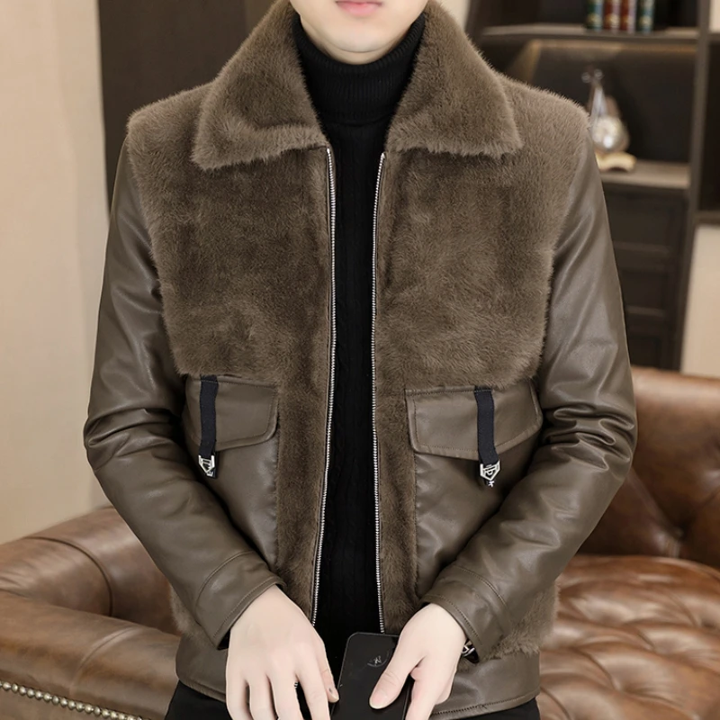 Winter Leather and Fur Integrated Jacket Men Thickened and Warm Faux Fur Jacket Casual Business Social Overcoat Men Clothing