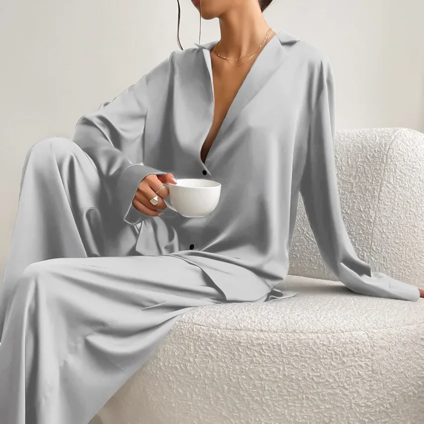 Elegant Pajamas for Women Solid Loose Turn-down Neck Blouse Trousers Pyjamas Set 2pcs Home Sleep Nightwear Lingerie for Ladies