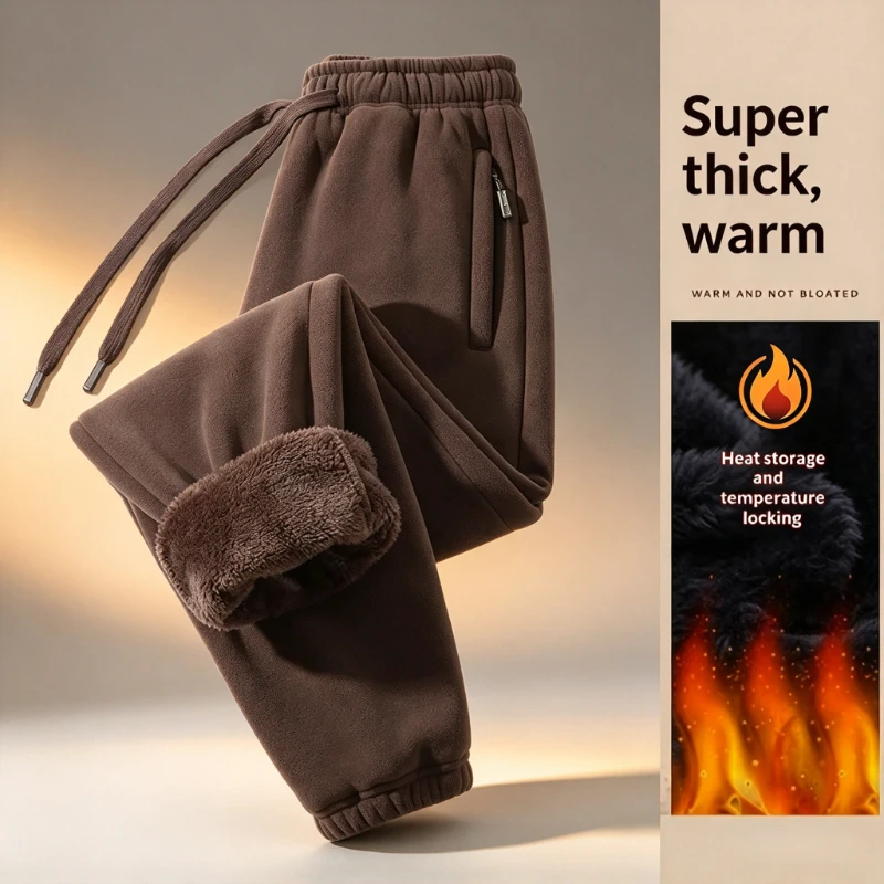  Winter Pants Men Double-sided Fleece Casual Pants Sweatshirt Boa Fur Men's Clothing Warm Knitted Mens  Fleece  Trousers