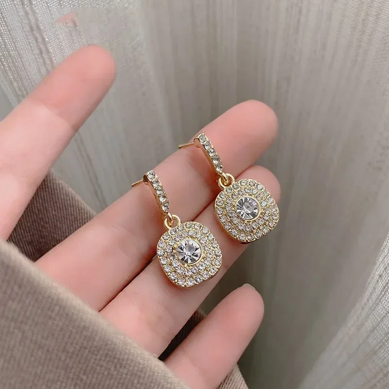 Simple Full Rhinestone Crystal Square Geometry Drop Earring for Women Sweet Jewelry Wholesale Accessory Girlfriend Gift