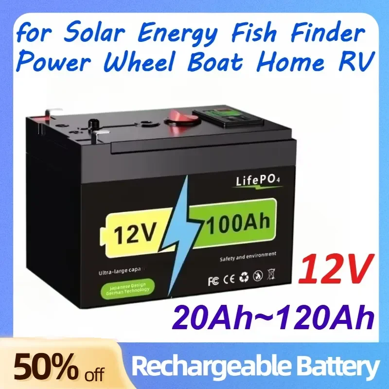 

12V 20Ah 40Ah 60Ah 80Ah 100Ah LiFePO4 Lithium Battery for Solar Energy Fish Finder Power Wheel Lighting Boat Home RV Battery