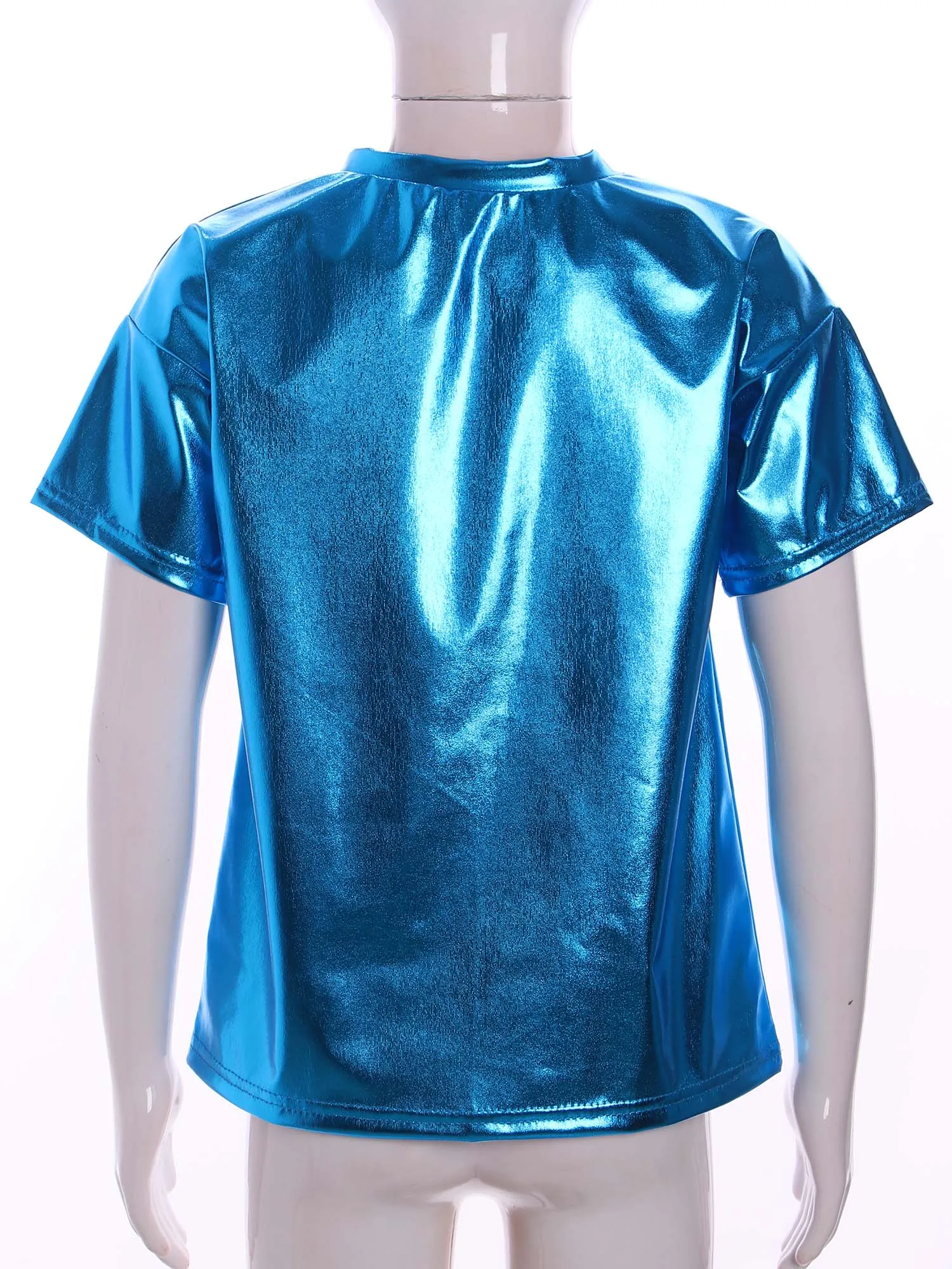 Kids Girls Boys Metallic T-shirt Jazz Modern Dance Party Stage Performance Tops Costume Shiny Short Sleeve Round Neck Shirts