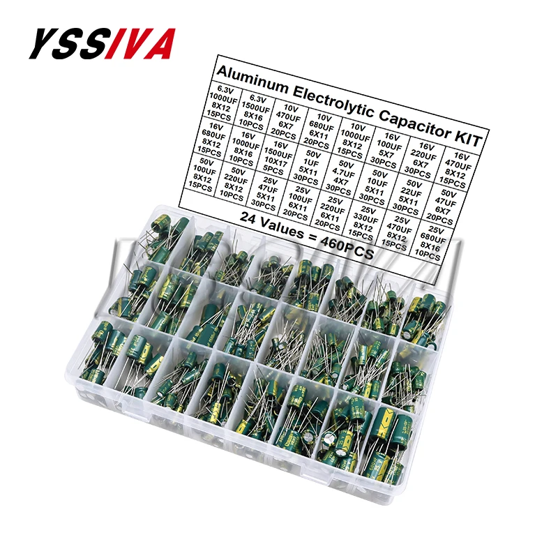 460pcs/Box 24Values High Frequency Low ESR Aluminum Electrolytic Capacitor Kit 6.3V-50V 1uF-1500uF Capacitance DIP Assorted Set