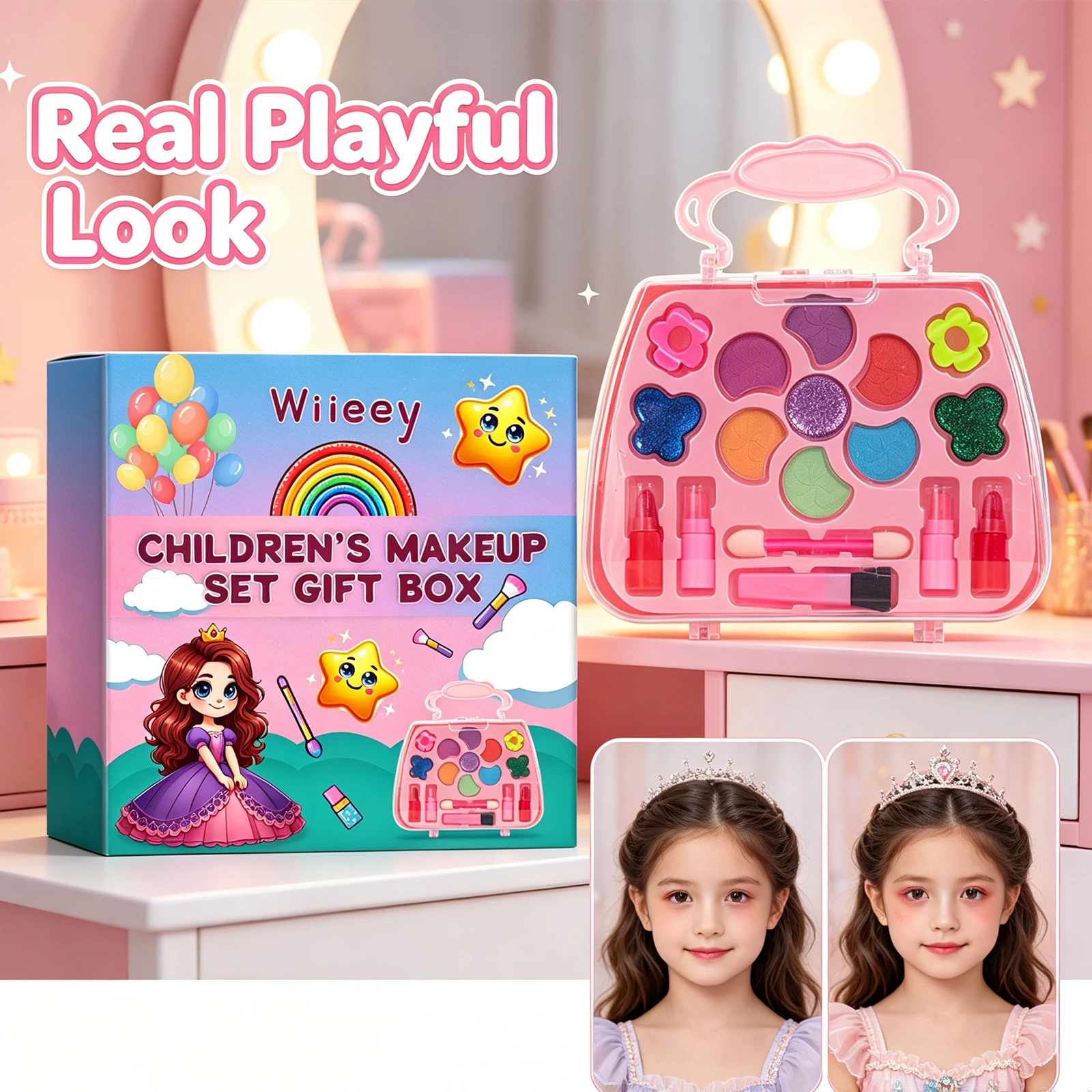 Kids Makeup Set Princess Cosmetic Toy Gift Gentle Moisturizing Lipstick Eyeshadow Blush Kit Washable Non Irritating Gift 18pcs