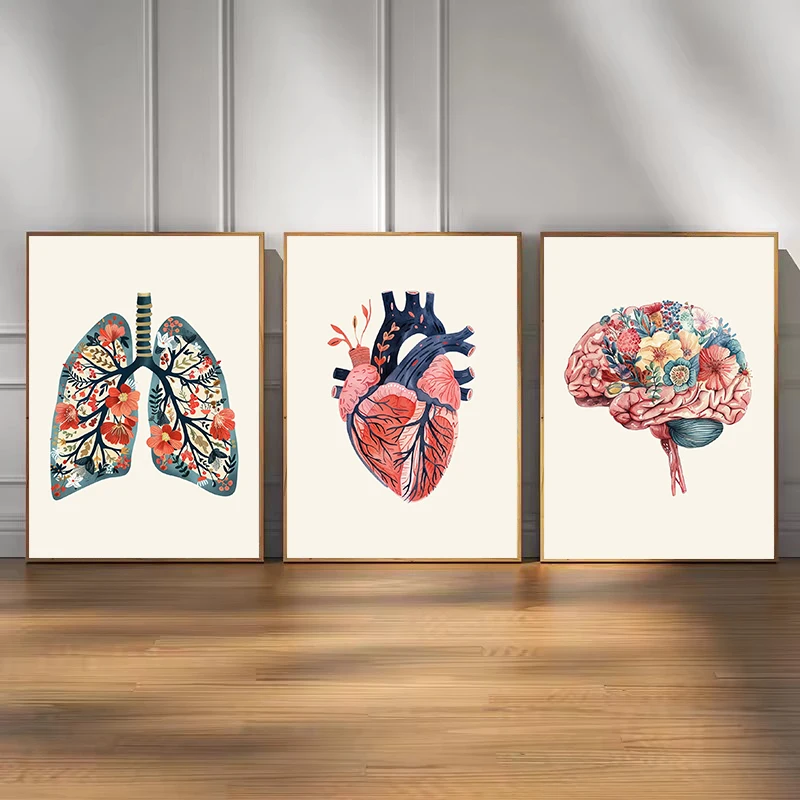Floral Human Anatomy Heart, Brain, Lungs Medical Education Poster and Prints Canvas Painting Wall Pictures Home Dorm Decoration