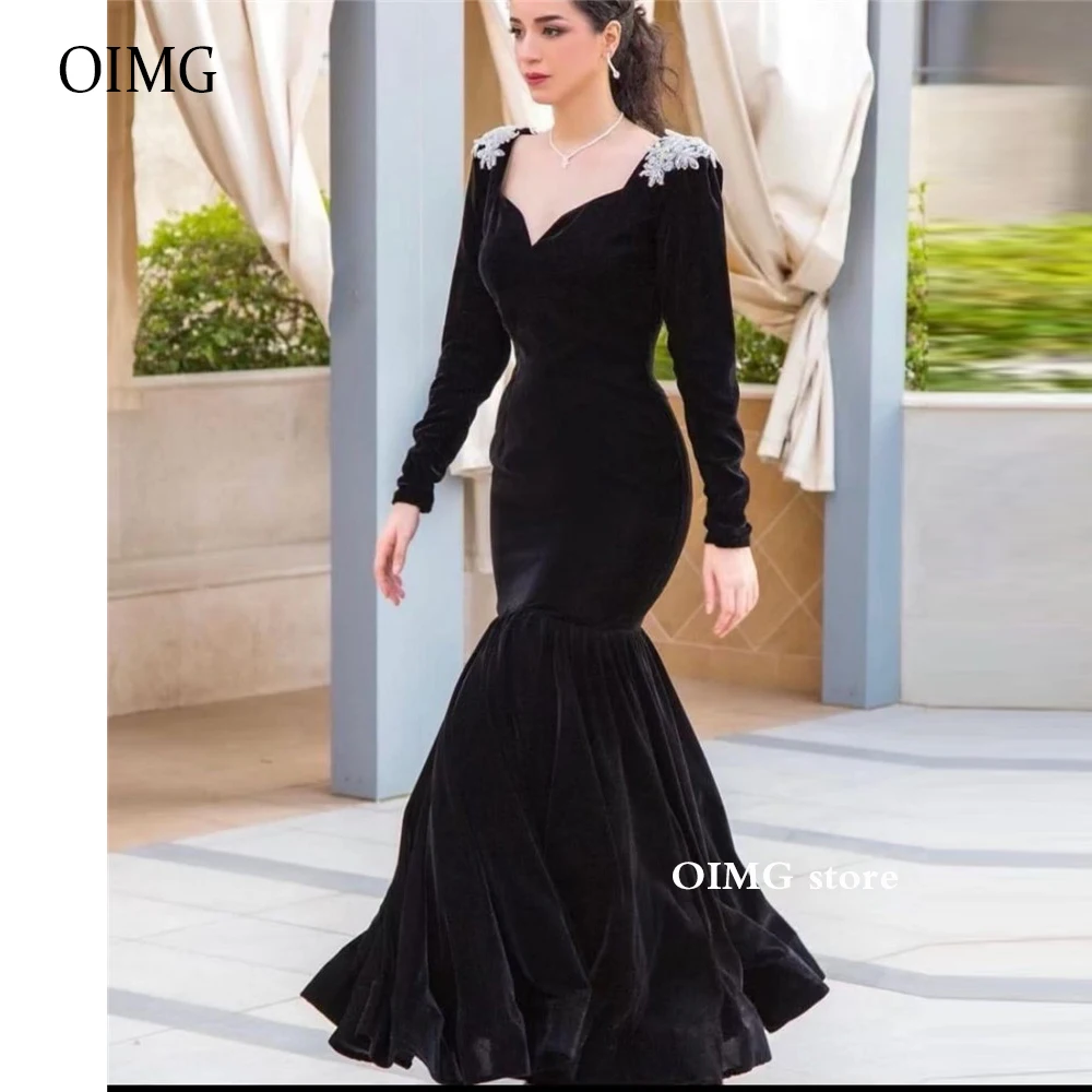 

OIMG Modest Black Velvet Mermaid Evening Dresses Long Sleeves Sweetheart Applique Dubai Arabic Women Formal Party Prom Gowns