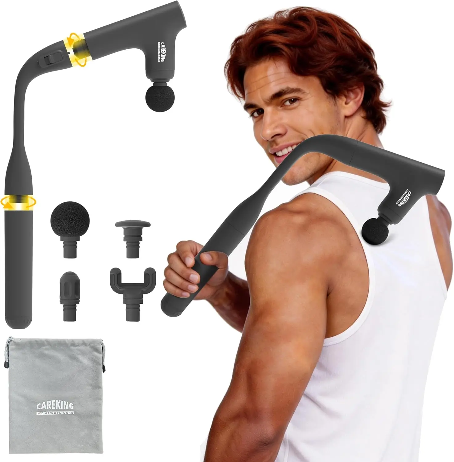 

Deep Tissue Massage Gun with Extended Handle, 4 Speeds, 4 Heads, Portable for Home Gym Office, FSA/HSA Eligible