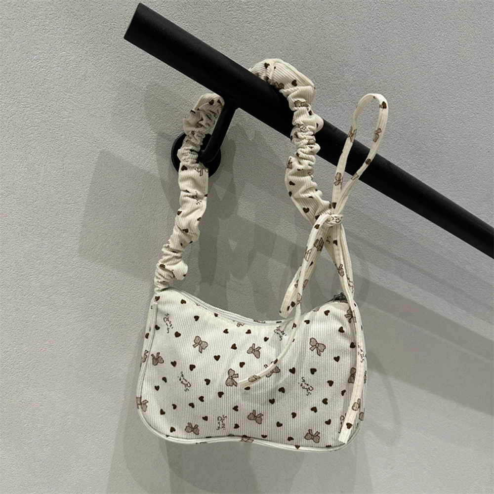 

Printed Bow Pattern Shoulder Bag Corduroy Crossbody Bag Pleated Strap Shoulder Purse Classic Design Bags Sweet Style Pack