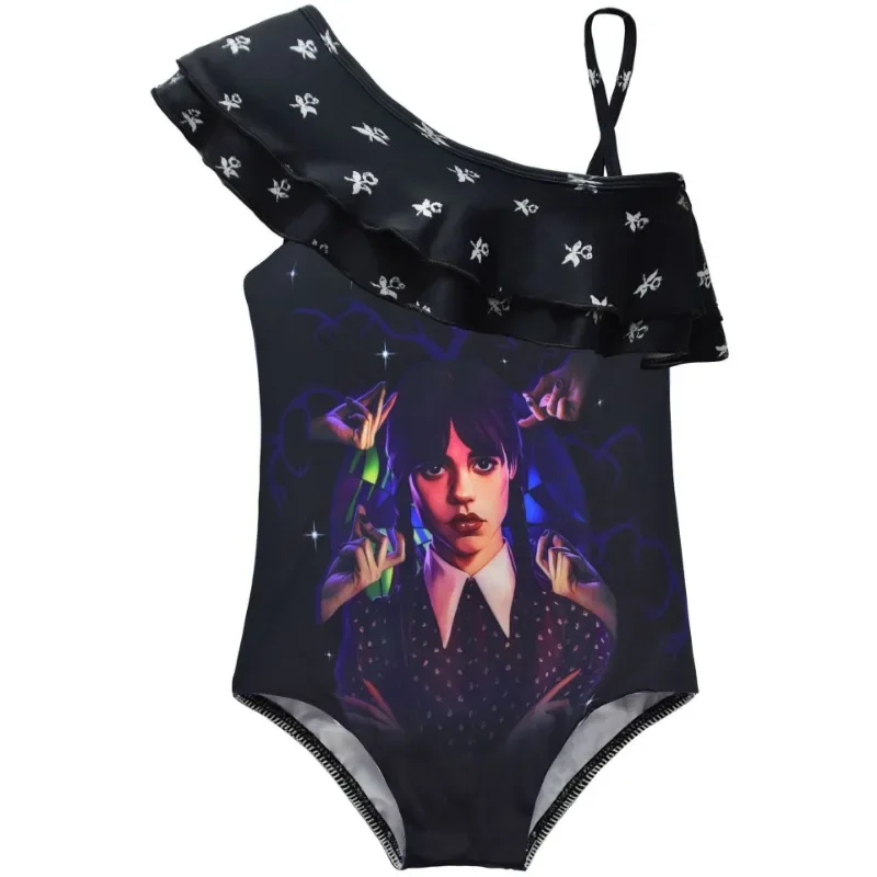 Girl One Piece Wednesday A-Addams Swimsuit Adams Print Child Girl Bathing Suits Child Swimwear Kids Gothic Swim Wear dress set