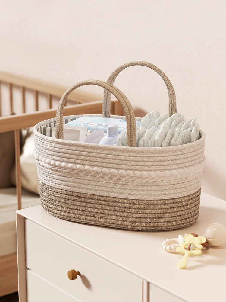 Cesta de Almacenamiento Portátil para Pañales de Bebé, Organizador de Productos para el Cuidado del Recién Nacido, Cesta de Almacenamiento con Rejilla, Material de Algodón y Lino para Cuarto Infantil