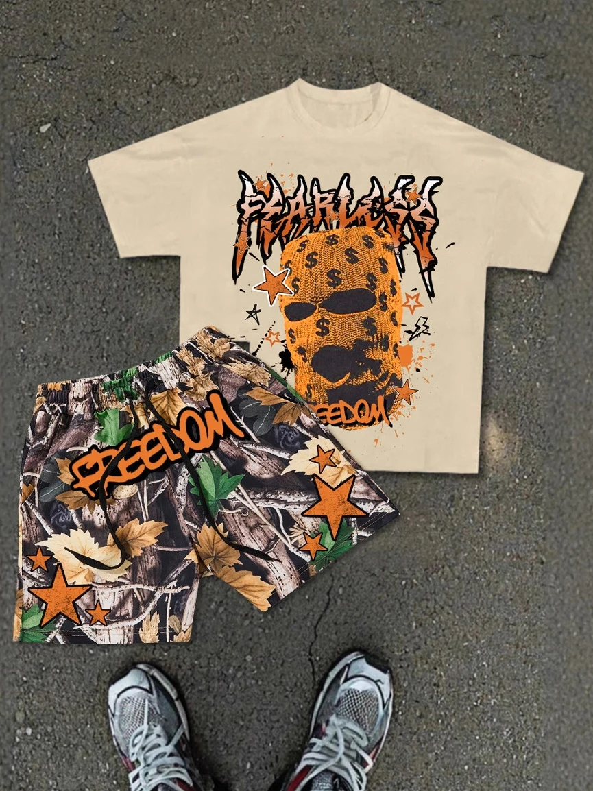 

Men's Summer T-Shirt Short-Sleeve Shorts Casual Set'Fearless' Personalized T-Shirt +'Freedom' Camouflage Shorts Set, New Street Fashion Trend