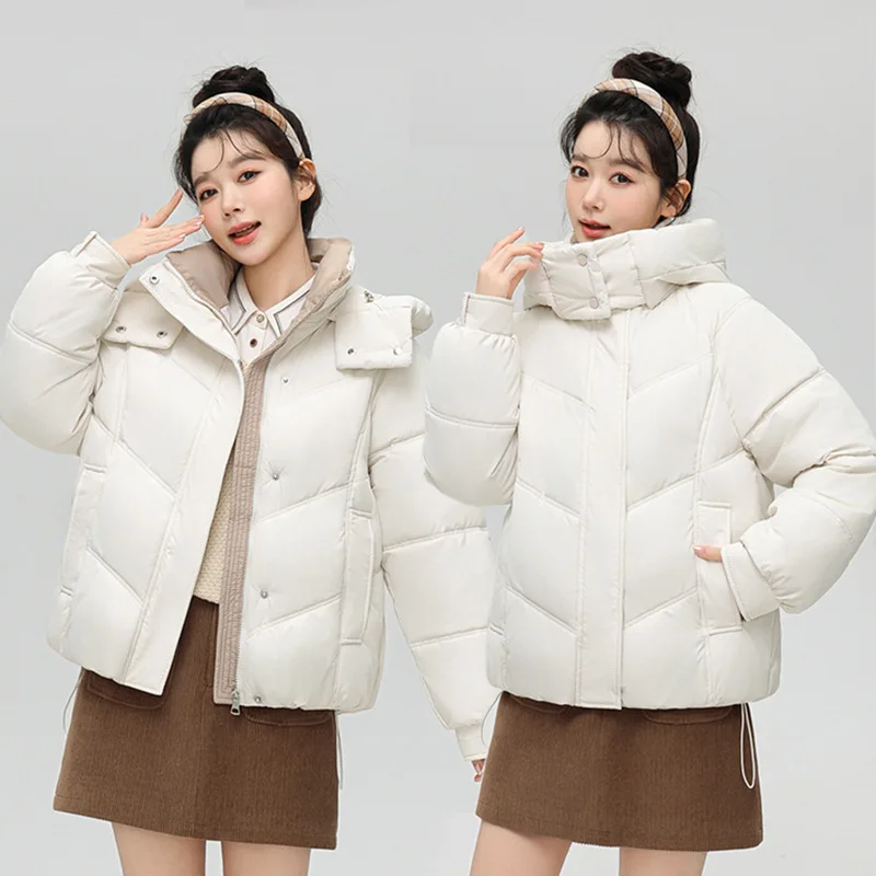 Korean Style Thickened Quilted Padded Coat Women Short Hooded Zip Up Jacket Contrast Lining Thermal Windproof Winter Outerwear