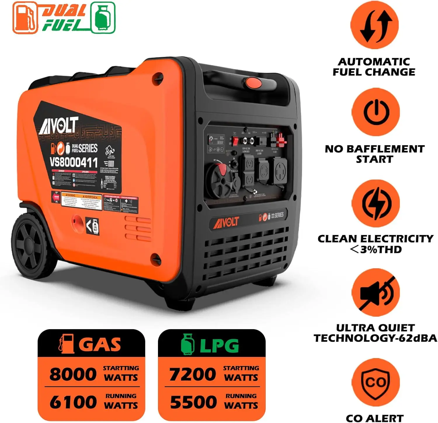 Inverter Generator Super Quiet Gas Propane Powered Electric Start Outdoor Generator