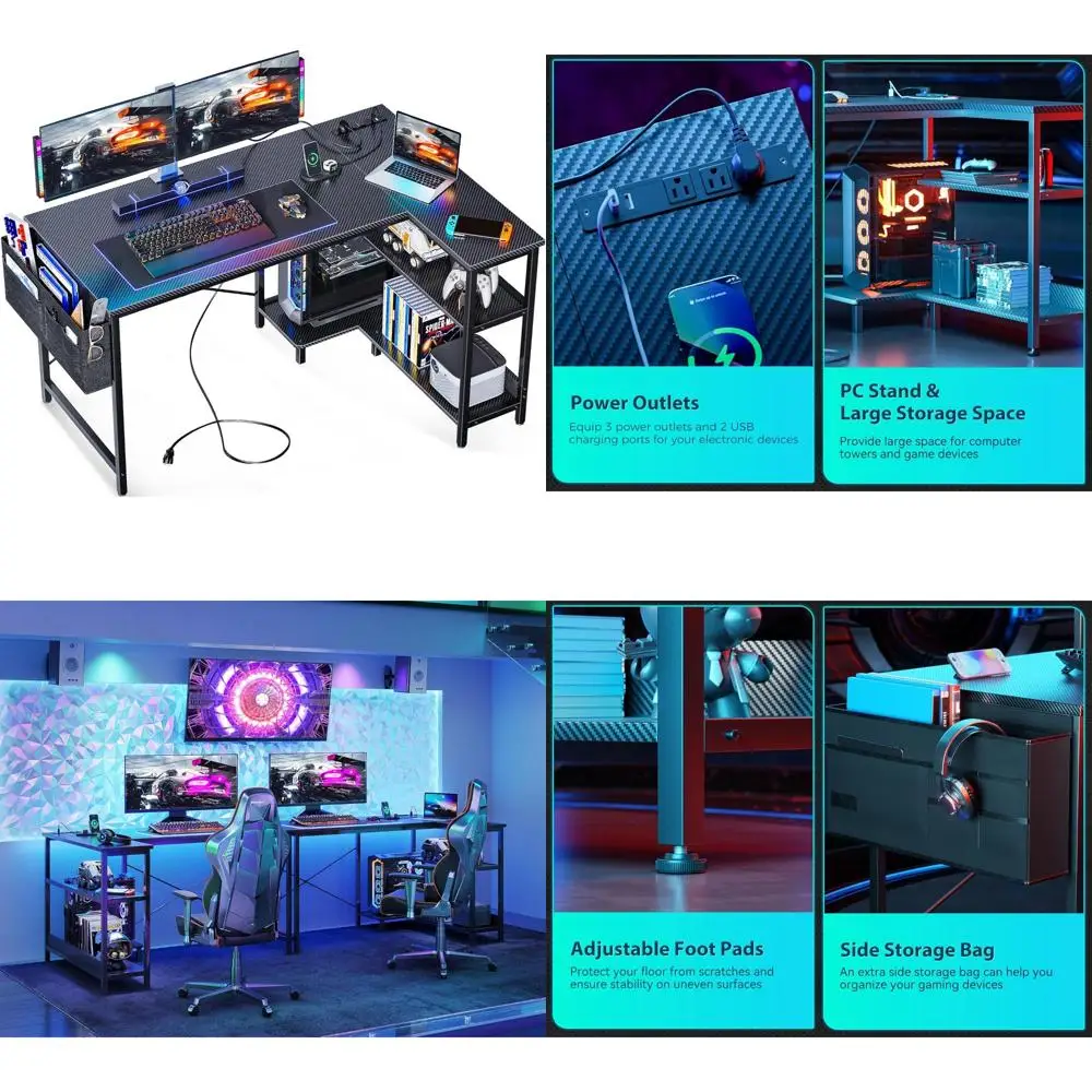 Gaming Desk 48 Inch Small L-Shaped with Power Outlets, Corner Desk, Reversible Shelves, and PC Stand for Small Spaces