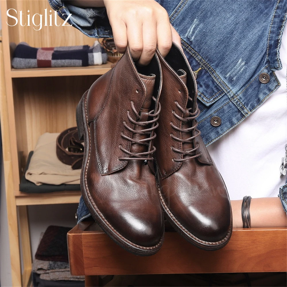 Genuine Leather Lace-Up Booties Retro British Style Brown Leather Ankle Boots Round Toe Hand Polished Casual Motorcycle Footwear