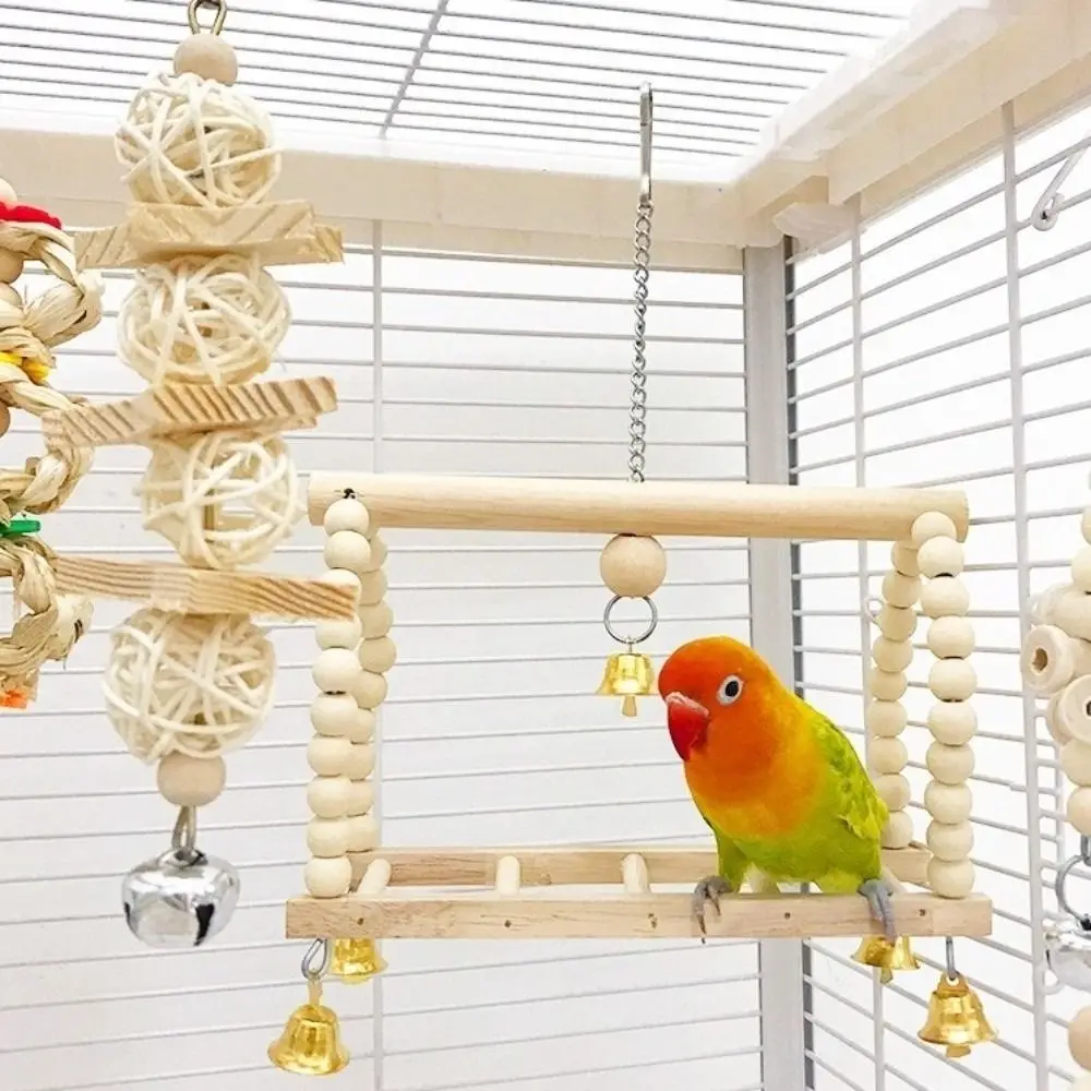8Pcs Set Wood Parrot Set Hanging Hammock Bell Perch Combination Bird Climbing Ladder Stand Pole Parrot Training for Parakeet