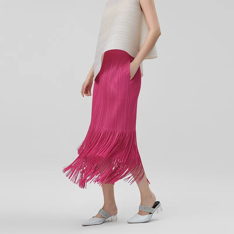 Miyake Pleated Skirt 2026 Summer New Elegant Tassel Elastic Skirt Women's Simple Commuter Draped Travel Wrinkle-Free Clothing