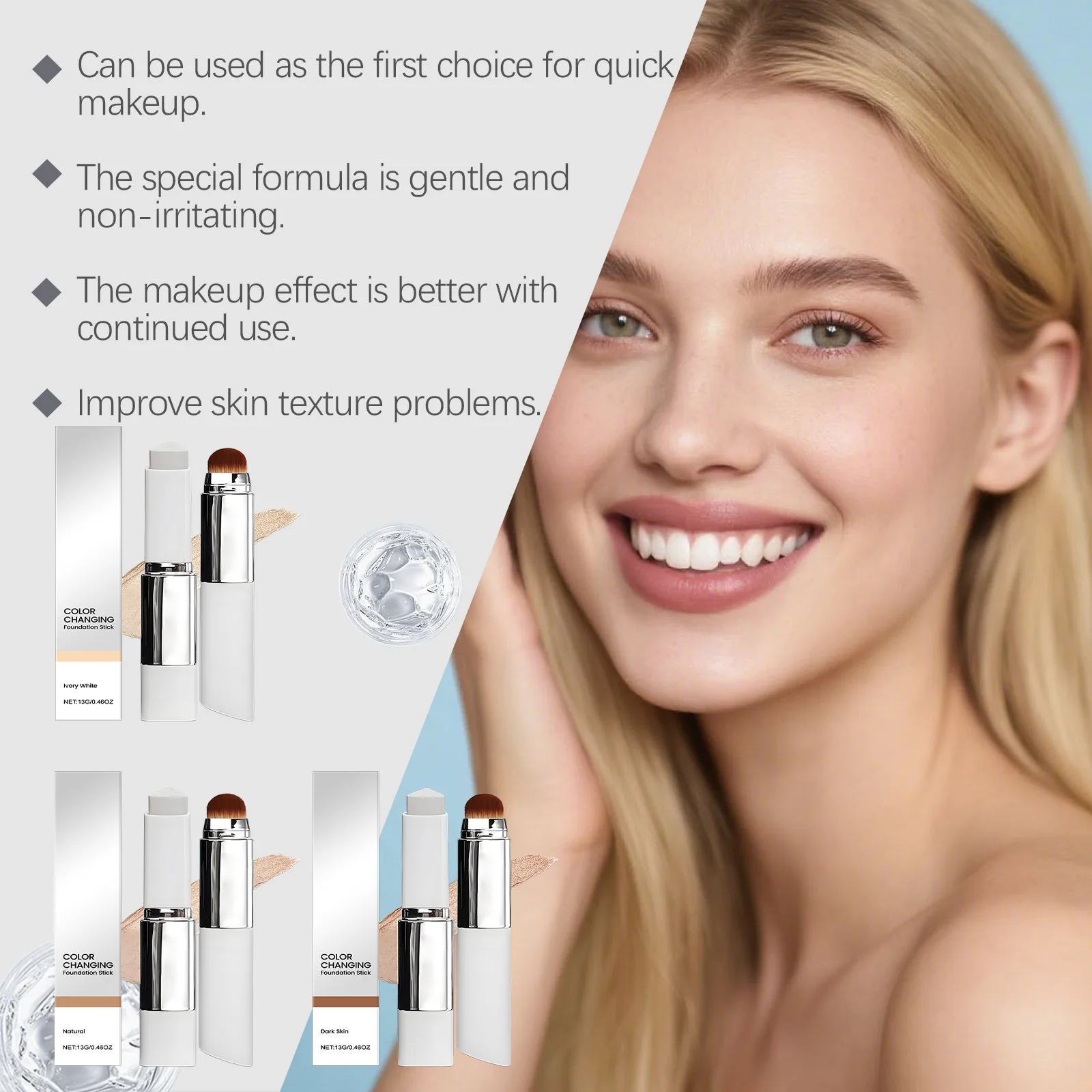 Base en barra 2 en 1 que cambia de Color, cobertura total, acabado hidratante ligero, Base de maquillaje de doble punta con cepillo desmontable