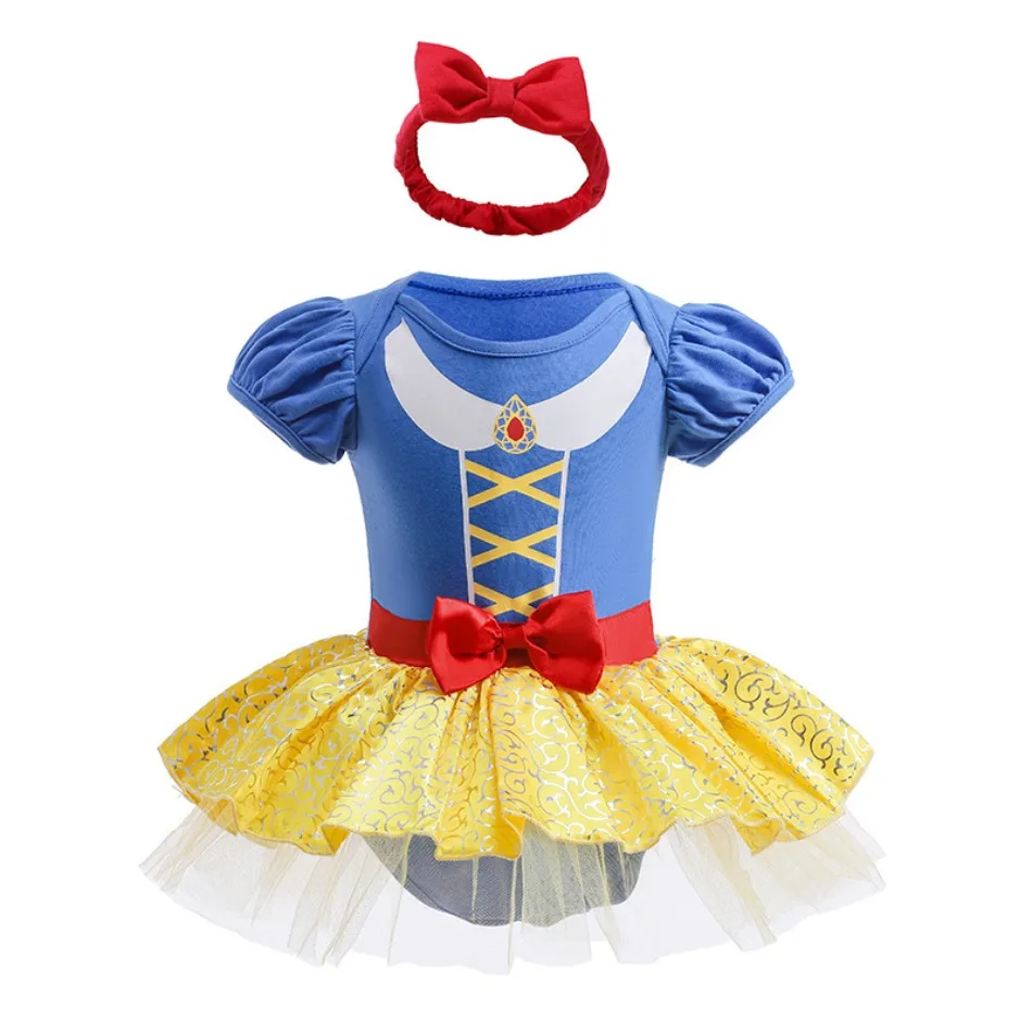 Infant Baby Puff Sleeve Princess Tutu Bodysuit Matching Bow Headband Girls Fairy Dress Newborn Halloween Birthday Outfit XMZ65