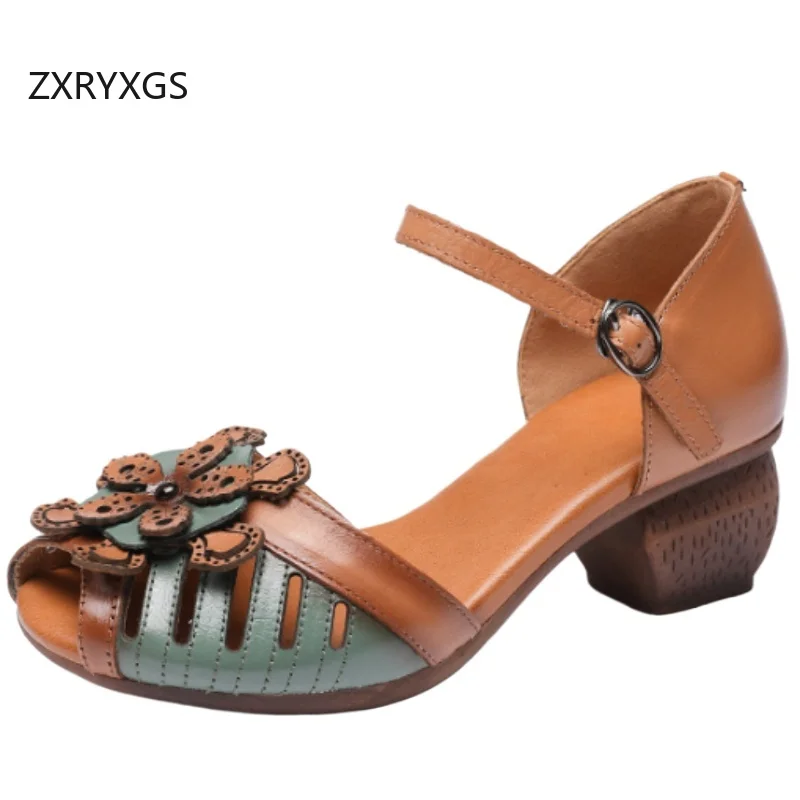 

ZXRYXGS Spell Colors First Layer Cowhide Hollow Flowers Women's Stylish Sandals 2025 Fish Mouth Mid Heel Banquet Elegant Sandals