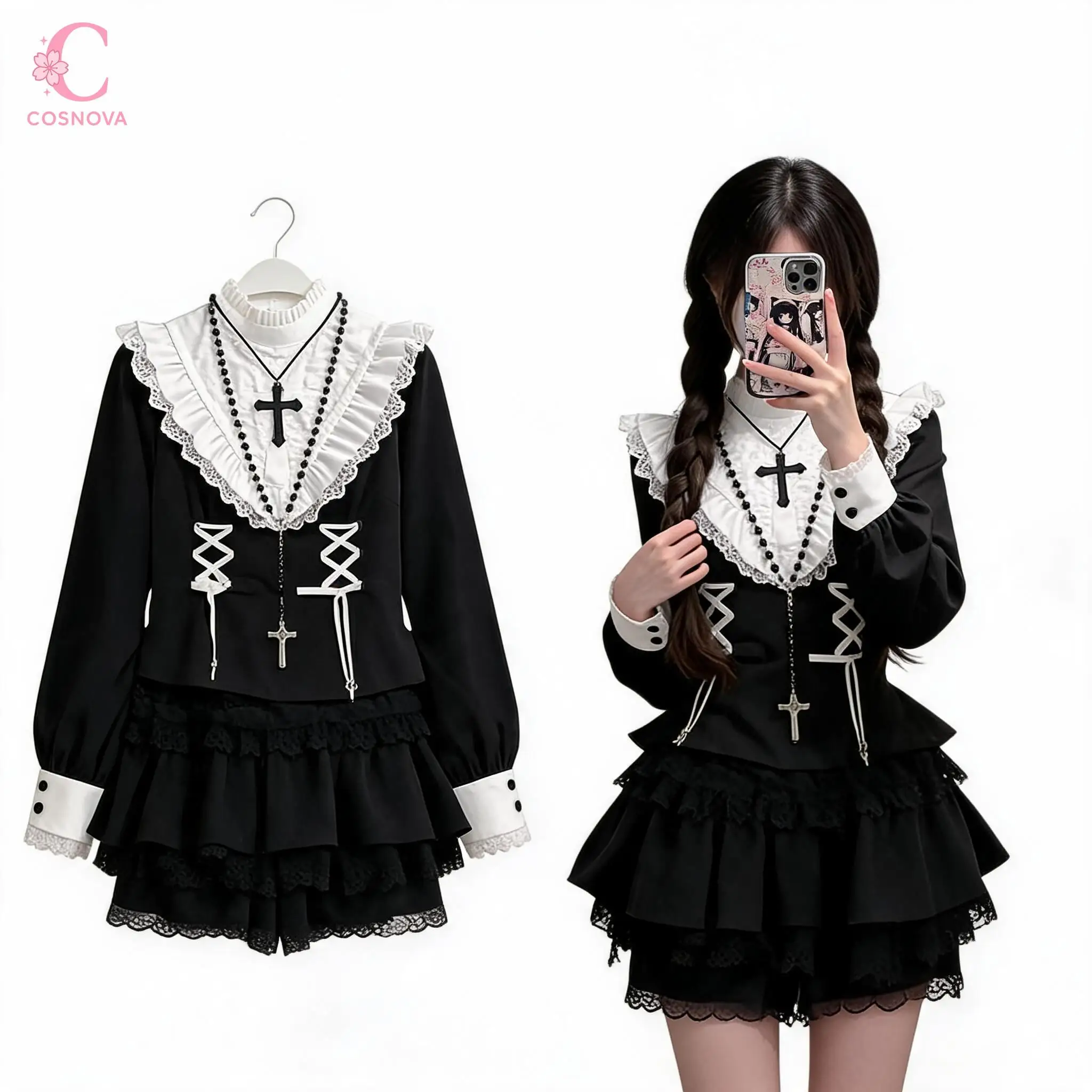 

Gothic Lolita Subculture Lantern Sleeve Lace Up Waist Cinched 2 Pieces Set Women Cross Ruffle Layered Dress Shorts Party Clothes