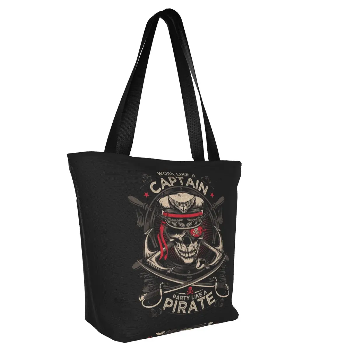 Custom Nautical Skull Sailor Pirate Shopping Bag Women Shoulder Canvas Recycling Tote Bag Washable Grocery Shopper Bags