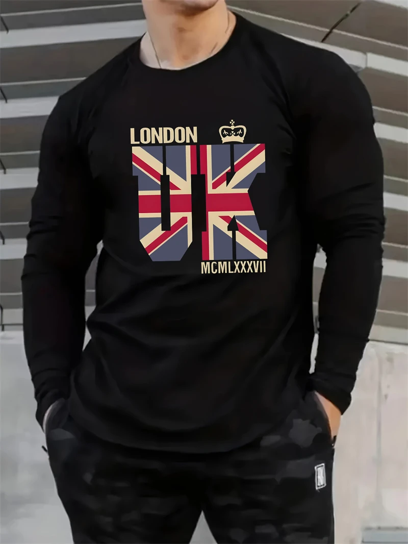 أزياء العلم البريطاني الجرافيك كم طويل تي شيرت للرجال العصرية الشارع الشهير ثلاثية الأبعاد مطبوعة طاقم الرقبة تي شيرت عادية المتضخم تيز #1