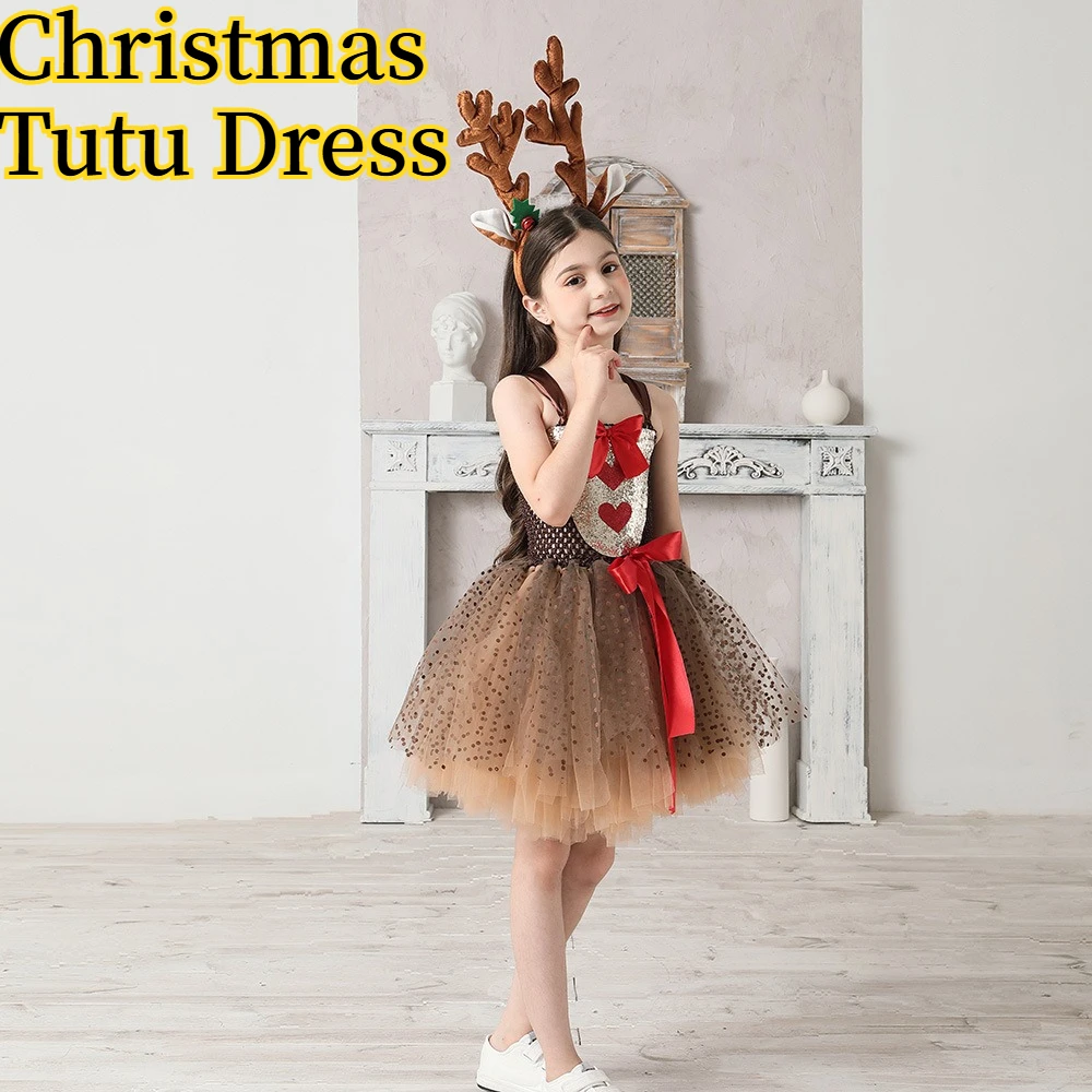 Kids Red Nose Cute Cartoon Deer Mesh Tutu Dress With Headband Halloween Christmas New Year Festival Role Play Party Fancy Wear